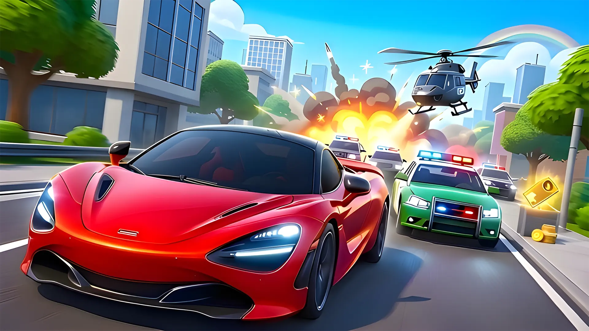 AI generated UEFN island thumbnail with a cinematic car chase
