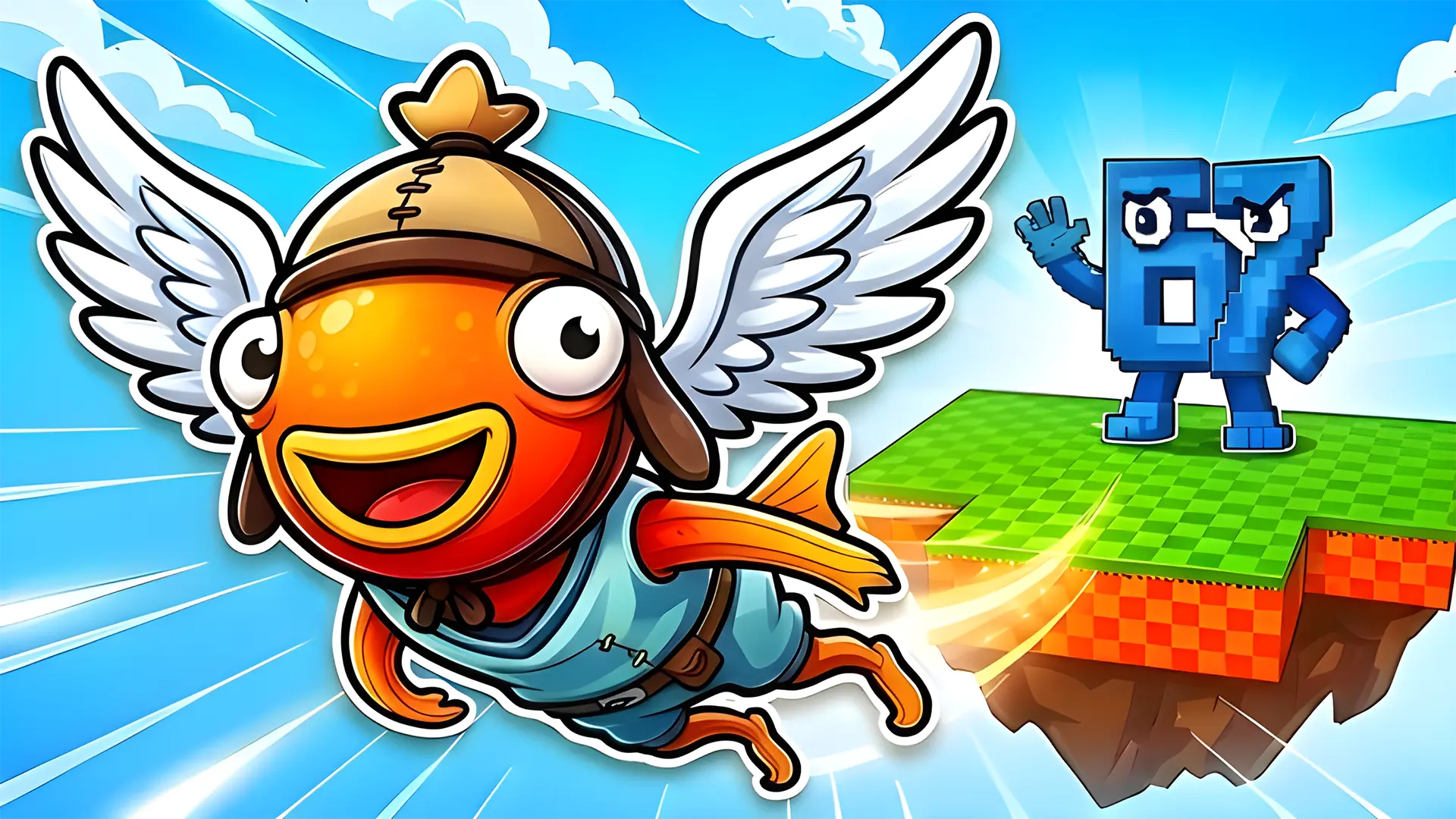 AI generated Fortnite-style flying Fishstick thumbnail with a bold mascot