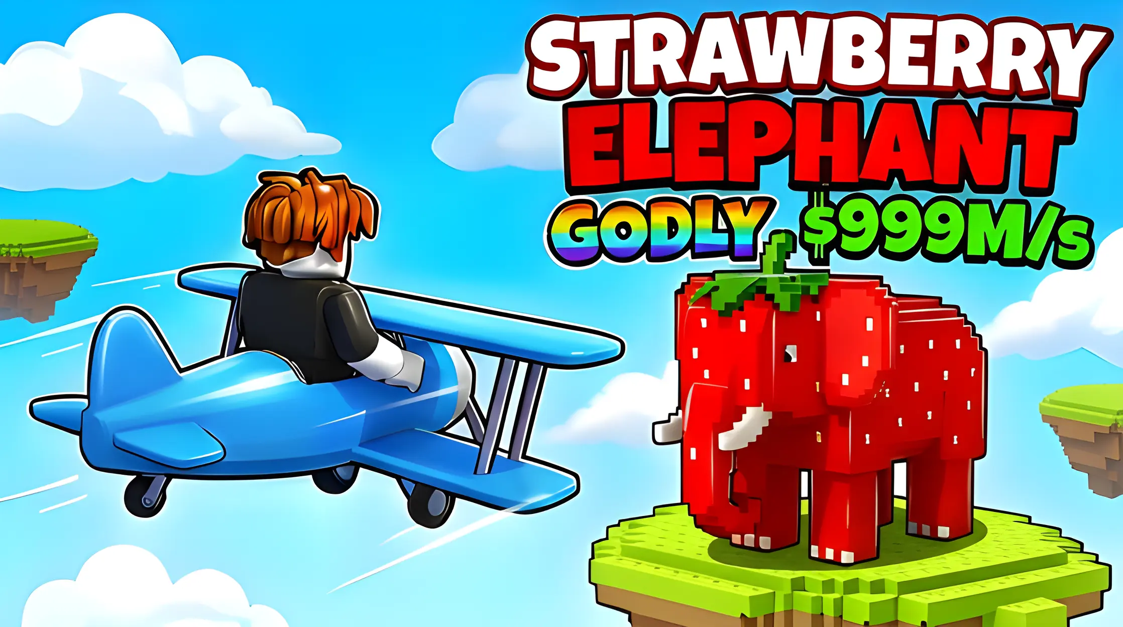 Example Roblox thumbnail showing a character flying on a plane toward an island creature