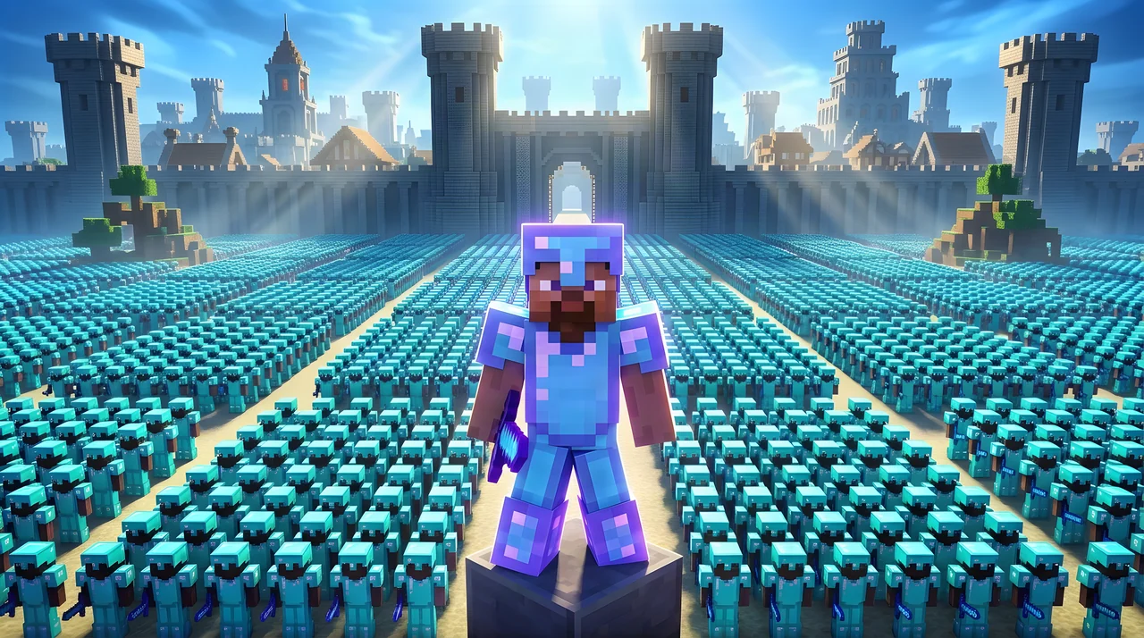 Steve in diamond armor leading a large army outside a Minecraft castle