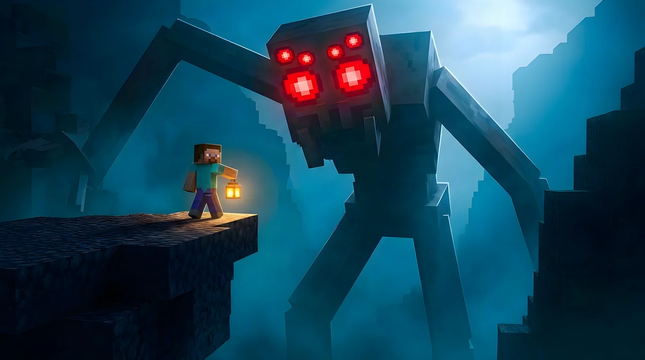Steve holding a lantern beside a giant spider in a dark Minecraft cavern
