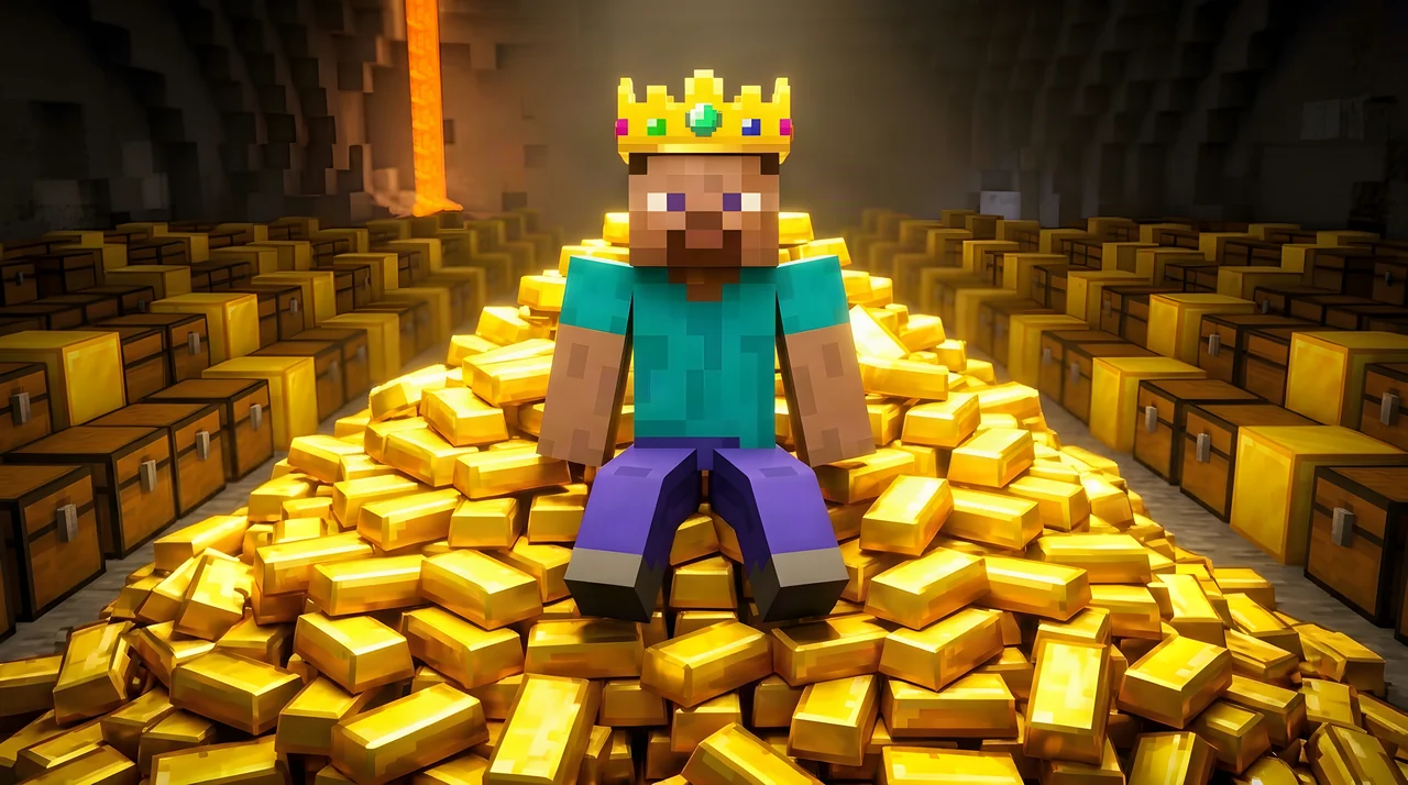 Steve wearing a crown on a pile of gold surrounded by treasure chests