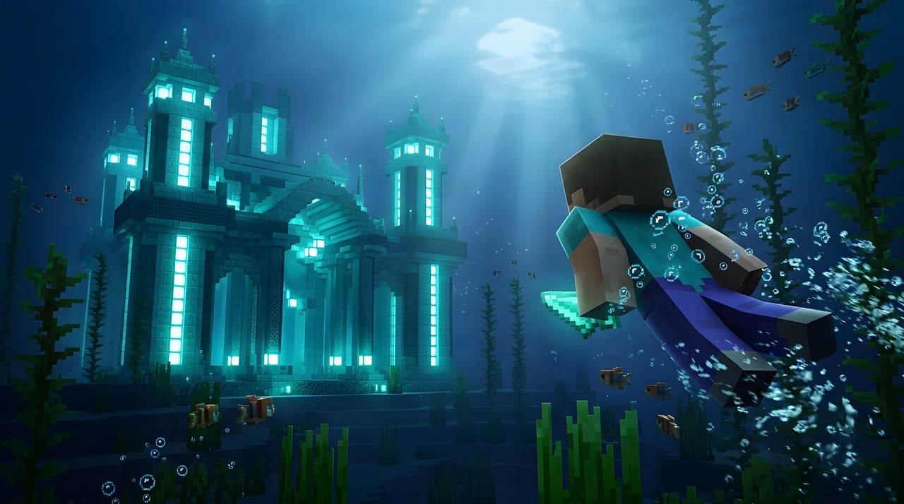 Steve swimming toward a glowing underwater Minecraft castle